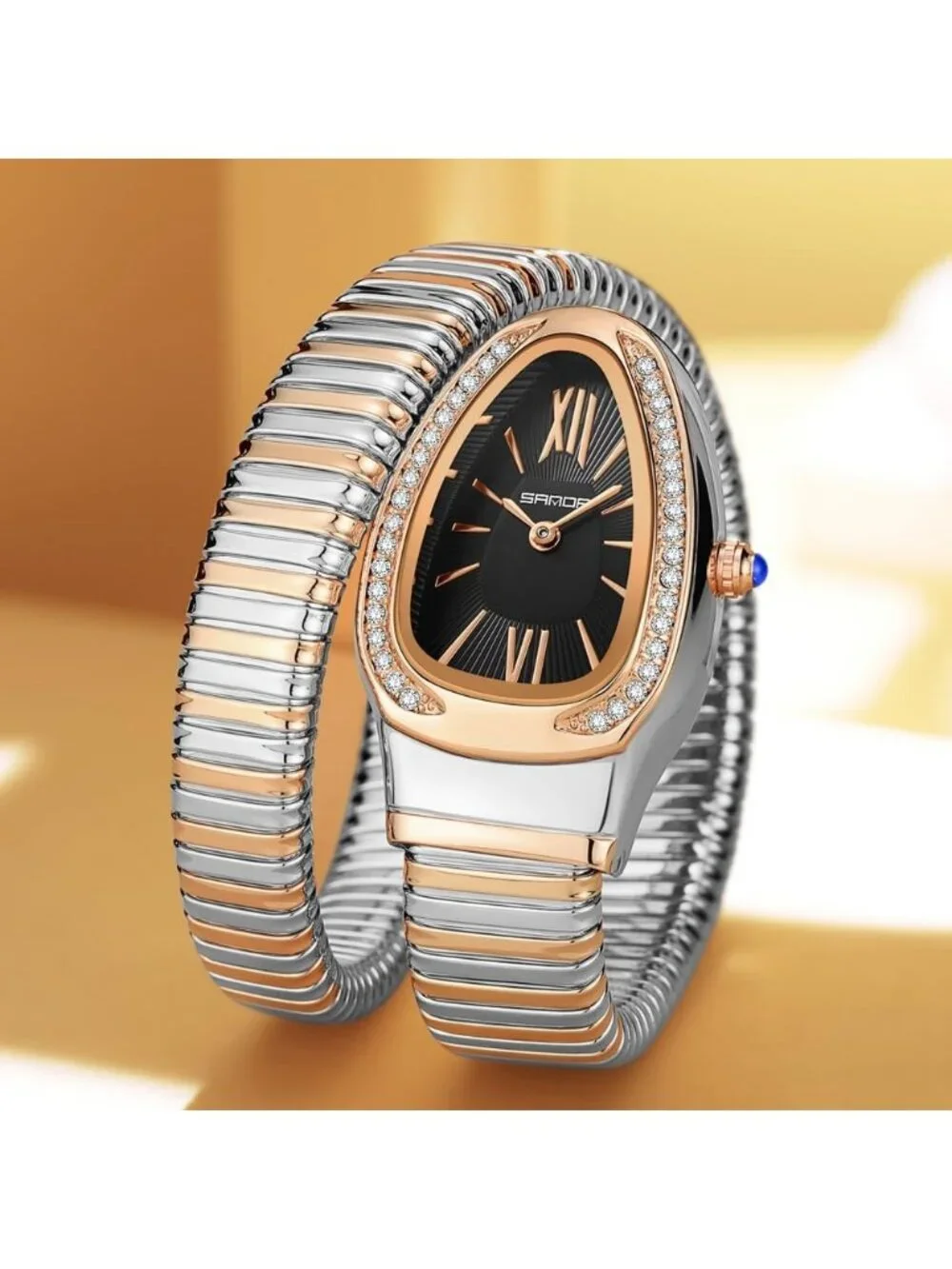 Women's Rose Silver Black Elegant Wrap Around Bangle Fashion Snake Cuff Watch